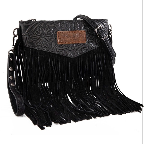 Wrangler Handbags - Wrangler Black Floral Embossed Fringe Wristlet